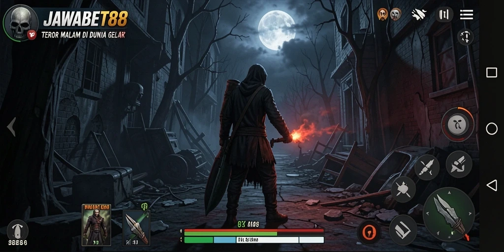 Gameplay <strong>JAWABET88</strong> yang mencekam dengan monster menakutkan di dalam bayangan.