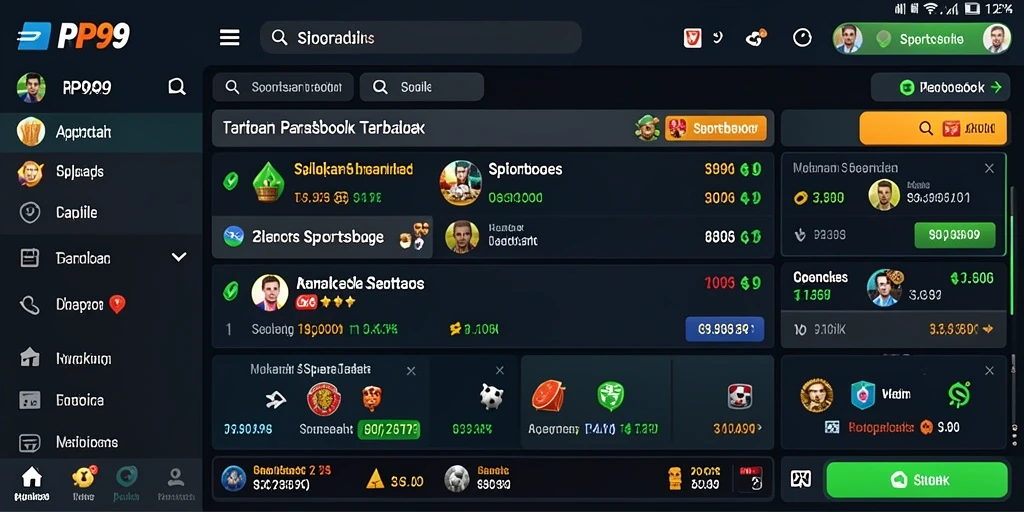 Screenshot menunjukkan gameplay Sportsbook dengan berbagai opsi taruhan.