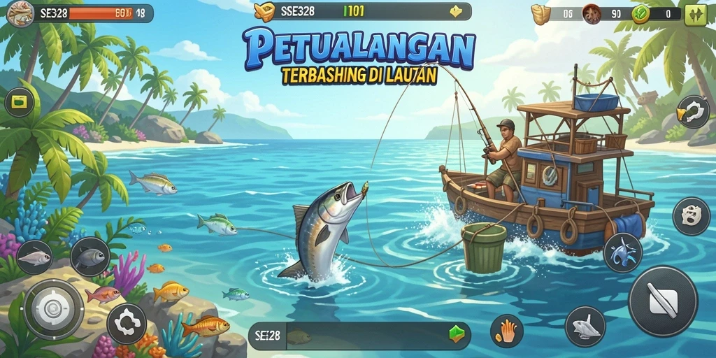 Tampilan gameplay SE328 dengan suasana memancing yang menawan.