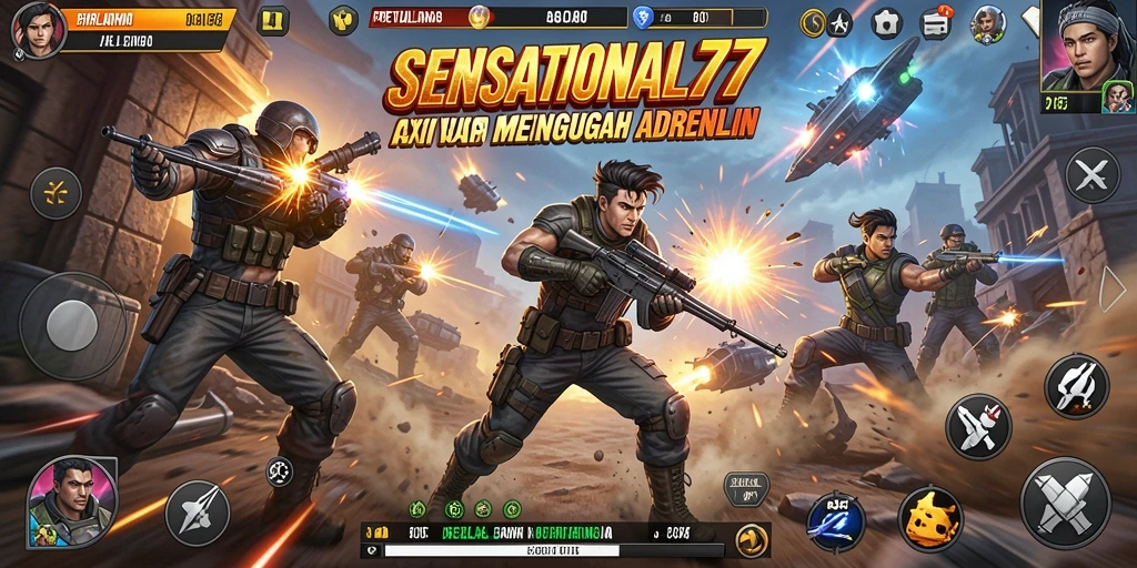 Tangkapan layar SENSATIONAL77 menampilkan aksi pertempuran yang intens.