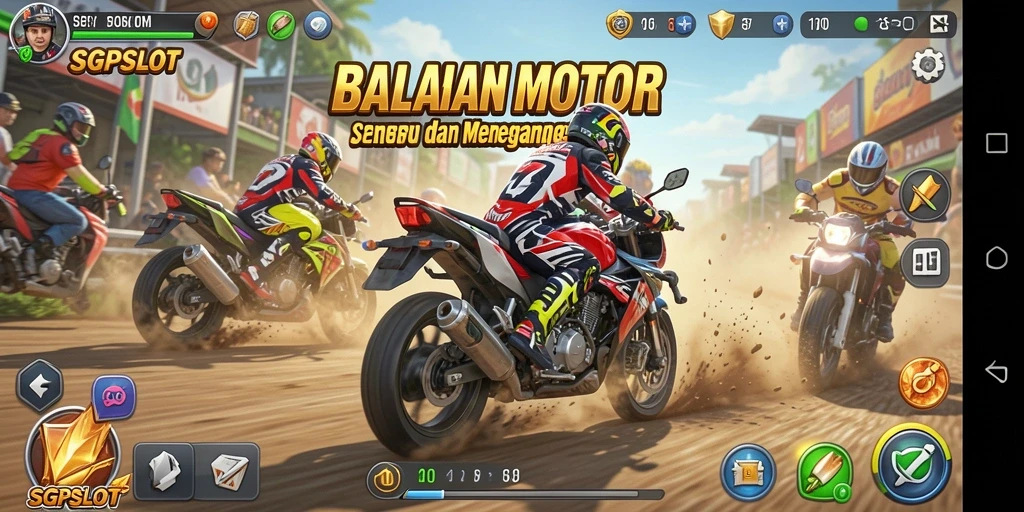 Screenshot gameplay SGPSLOT menampilkan balapan motor yang mendebarkan dan penuh aksi.