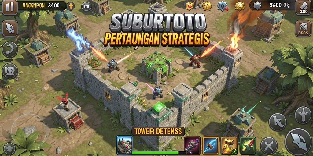 Screenshot gameplay SUBURTOTO menampilkan strategi Tower Defense yang mendebarkan.