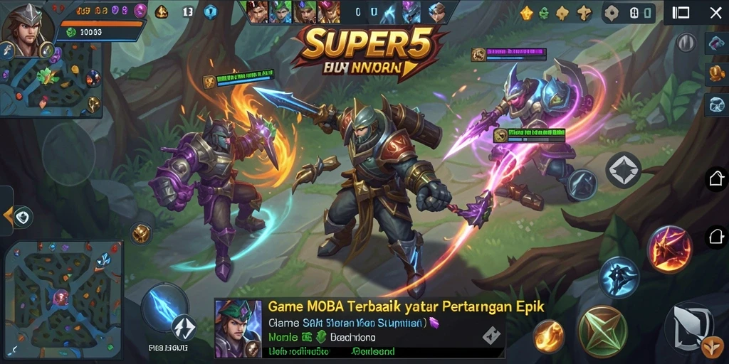 Gameplay seru SUPER5 dengan aksi MOBA yang mendebarkan.